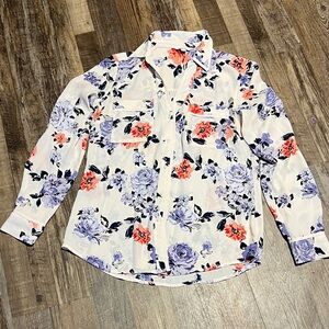 Candie's Floral Print D-Ring Roll Sleeve Button Down Blouse S